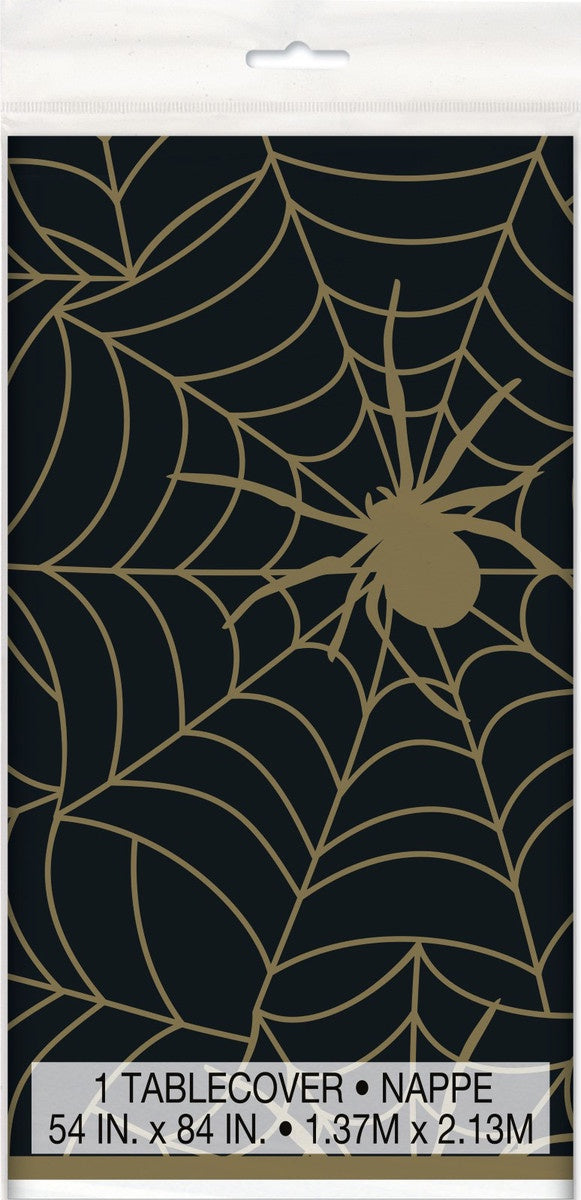 70645 - BLACK & GOLD SPIDERWEB PRINTED TABLECOVER 137CM X 213CM (54" X 84")